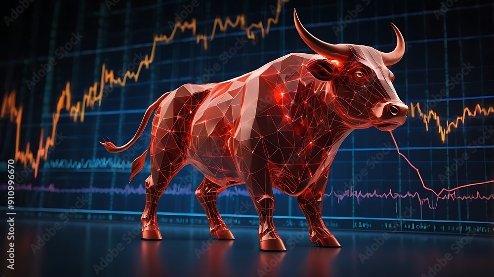 Stock market illustration of bull market, growth in net worth of market in a bullish asset market, trading up worth graph, red bull on blue background