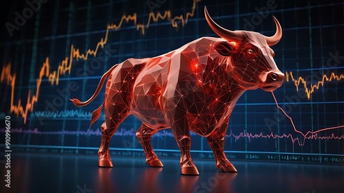 Obraz na płótnie Stock market illustration of bull market, growth in net worth of market in a bullish asset market, trading up worth graph, red bull on blue background w salonie