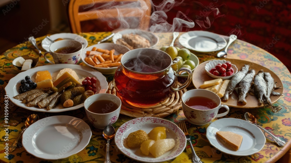 A table with a tea pot and plates of food on it, AI A table with a tea pot and plates of food on it, AI