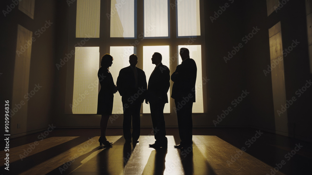 Silhouetted figures in professional attire converse in a spacious, sunlit room with large windows, hinting at a formal or corporate meeting.