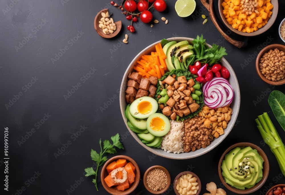 Healthy food. Assortment of the Buddha Bowl on a black background. Top view. Free space for your text, ai Healthy food. Assortment of the Buddha Bowl on a black background. Top view. Free space for your text, ai