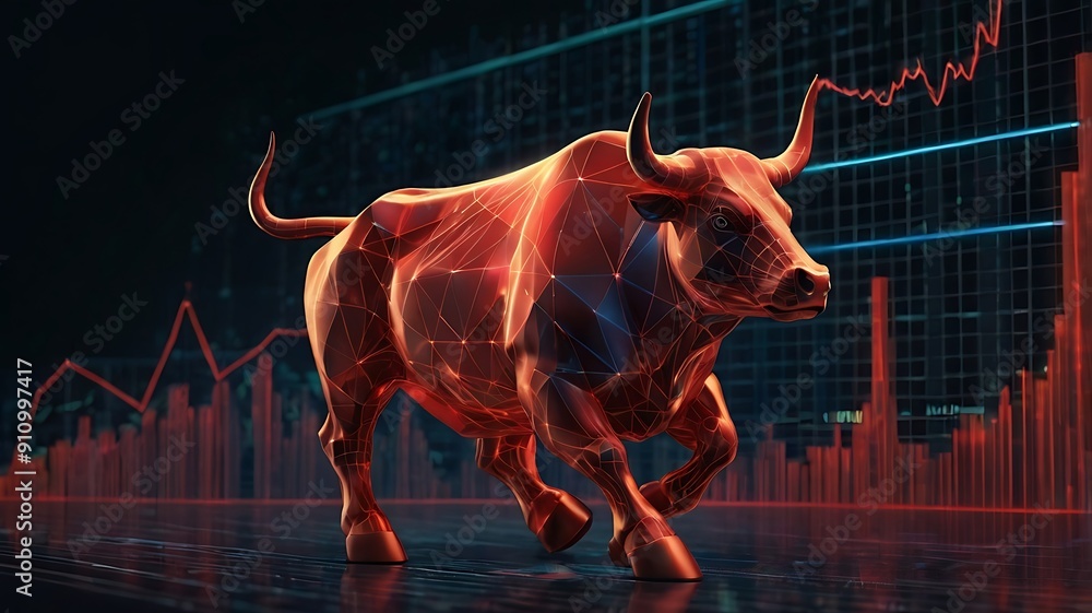 Stock market illustration of bull market, growth in net worth of market in a bullish asset market, trading up worth graph, red bull on blue background