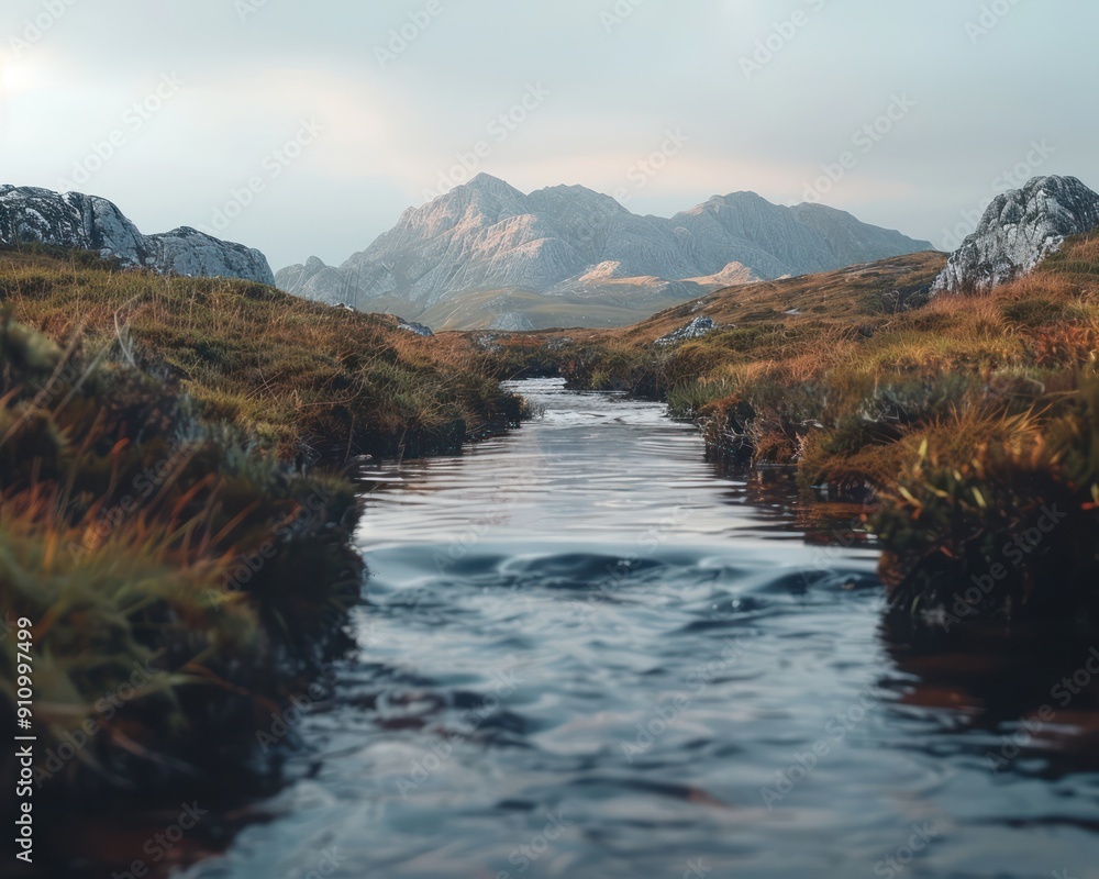 Obraz premium A Rugged Remote Journey Through Wild Terrain Exploring Untouched Wilderness in the Mountains, a Scenic Stream Winding Through the Landscape, Nature's Beauty Unveiled, Tranquil and Serene, Remote and