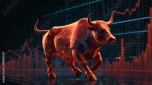 Obraz na płótnie Stock market illustration of bull market, growth in net worth of market in a bullish asset market, trading up worth graph, red bull on blue background w salonie