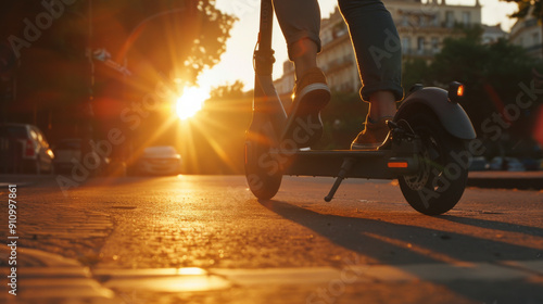A person rides an electric scooter down a sunlit city street, capturing the essence of urban mobility and the warm glow of the early sunset.