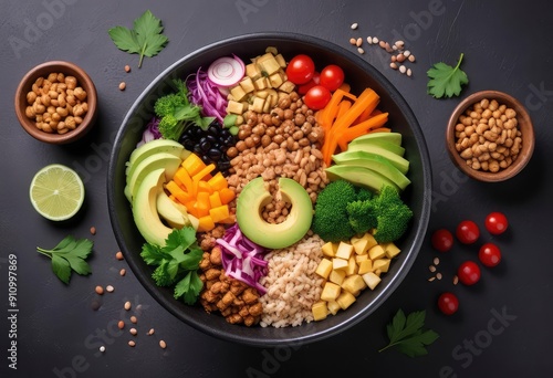 Healthy food. Assortment of the Buddha Bowl on a black background. Top view. Free space for your text, ai