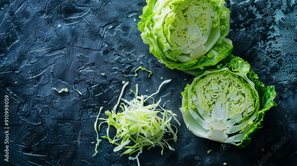 Obraz premium Freshly shredded cabbage and two halved heads rest on a dark, textured surface, showcasing their crisp layers.