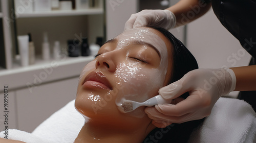 A client receiving a chemical peel treatment from a professional cosmetologist. The scene is set in a clean, modern clinic, highlighting the careful application and transformative effects of the treat