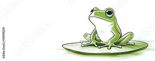Simple line drawing of a tiny frog sitting on a lily pad, emphasizing cuteness and minimalistic design, isolated on a white background with room for text