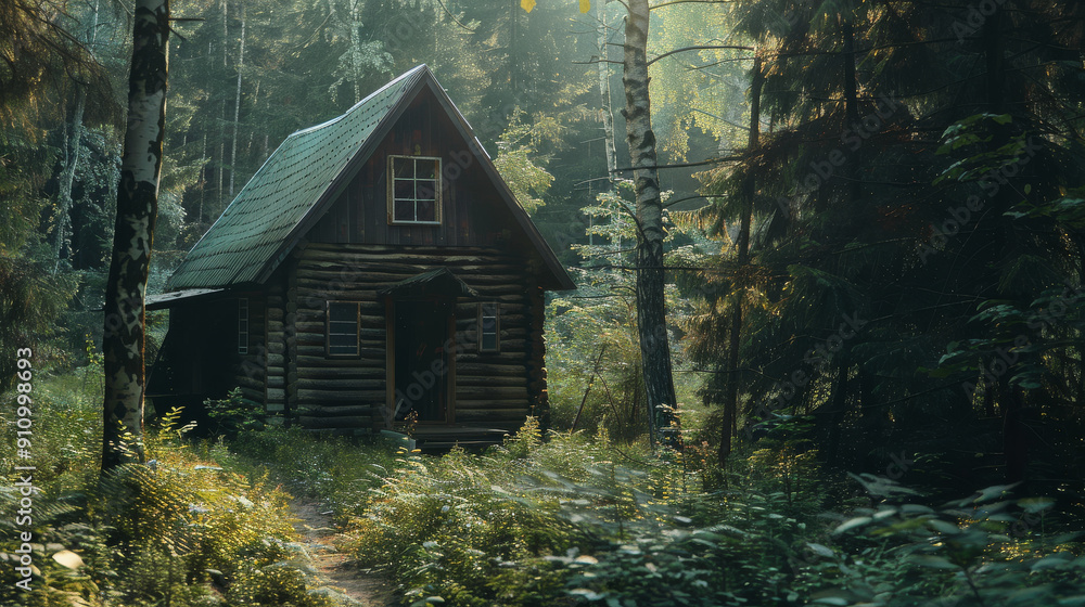A rustic, wooden cabin nestled in a lush, green forest, bathed in soft light through the trees, encapsulating the serenity and solitude of nature. A rustic, wooden cabin nestled in a lush, green forest, bathed in soft light through the trees, encapsulating the serenity and solitude of nature.