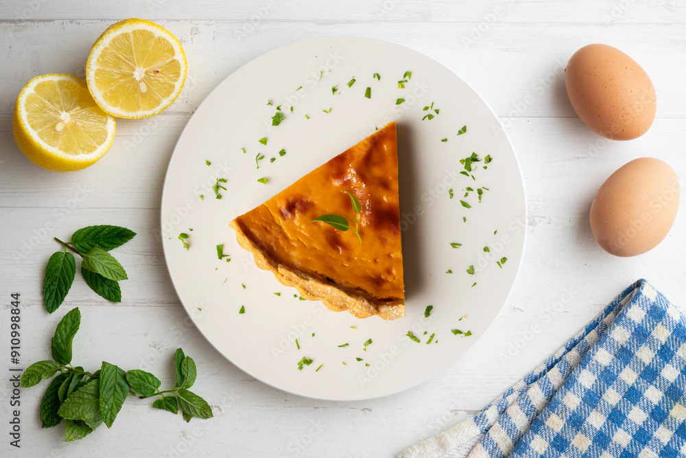 Delicious piece of American pumpkin pie in an overhead view. Delicious piece of American pumpkin pie in an overhead view.