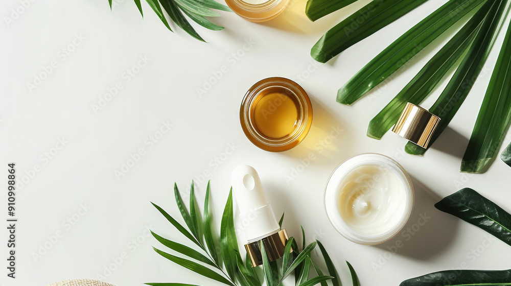 A serene arrangement of skincare and wellness products with green leaves on a clean white background, promoting natural beauty and self-care. A serene arrangement of skincare and wellness products with green leaves on a clean white background, promoting natural beauty and self-care.