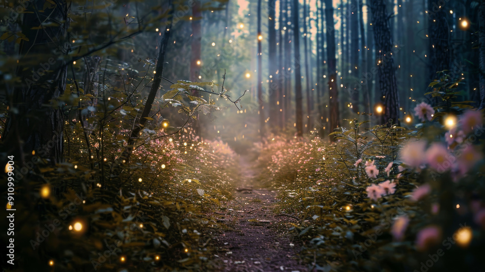 Fototapeta premium A magical forest pathway illuminated by glowing fireflies and surrounded by delicate blossoms in the early morning light.