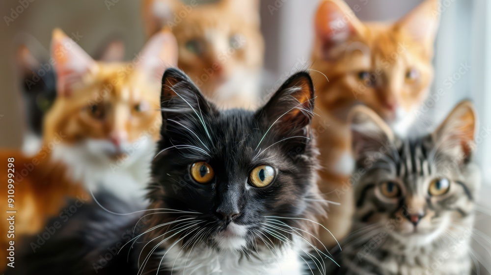 Several cats of various breeds gather closely, showcasing their unique fur patterns and playful expressions Several cats of various breeds gather closely, showcasing their unique fur patterns and playful expressions