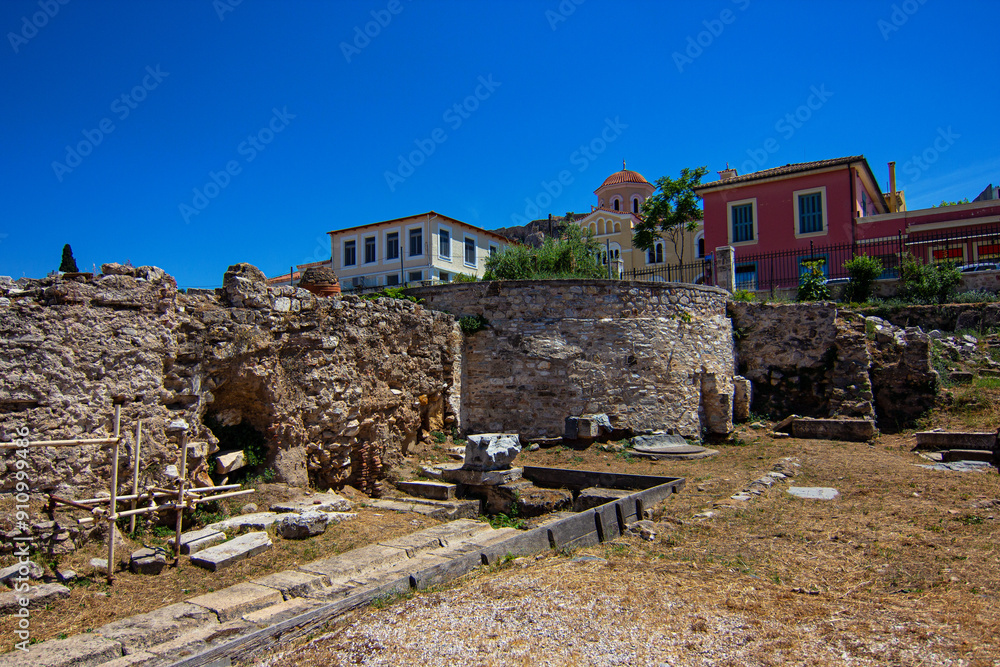 Remains of the Hadrian Library, remains of Roman Emperor Hadrian building near the Monastiraki Square, Athens, Attica, Greece Remains of the Hadrian Library, remains of Roman Emperor Hadrian building near the Monastiraki Square, Athens, Attica, Greece
