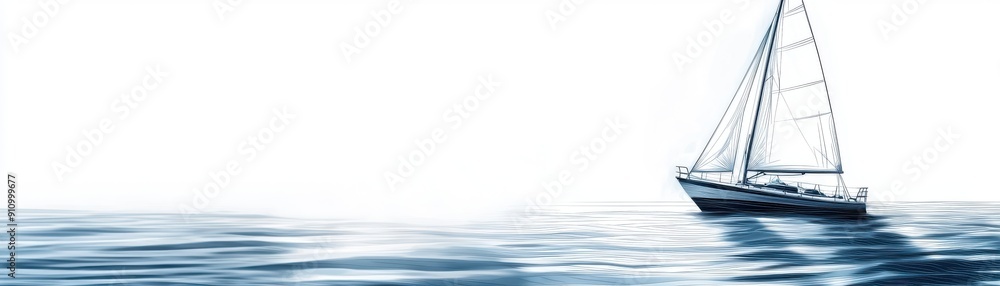 Fototapeta premium Abstract line drawing banner of a sailboat on the ocean, focusing on clean lines and minimalistic design, isolated on a white background with room for text, ideal for travel themes