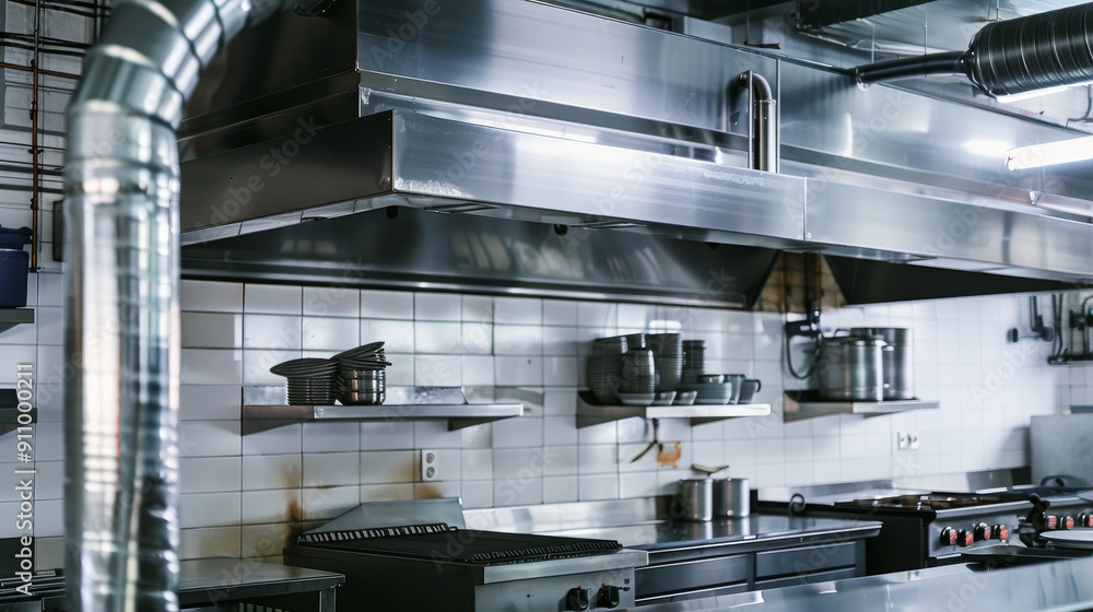 A clutter-free, stainless steel commercial kitchen gleams under overhead lighting, ready for cooking. A clutter-free, stainless steel commercial kitchen gleams under overhead lighting, ready for cooking.