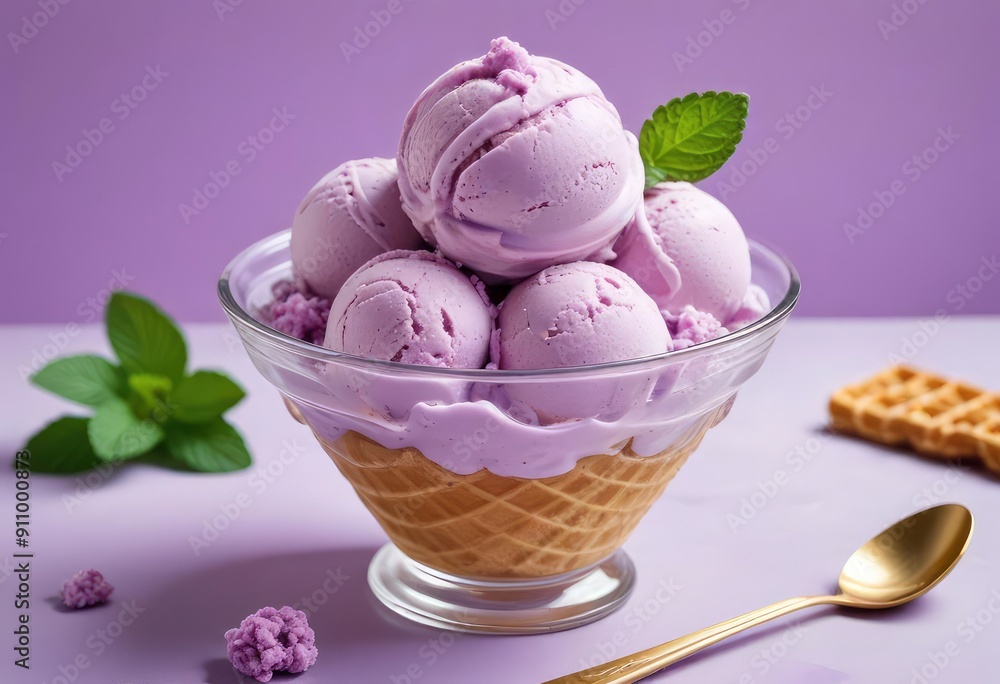Lilac Ice Cream in Biscuit Decorated with Waffle. Purple Ice-Cream in Bowl on White Background. Freezing Sorbet in Eating Cup. Delicious Frosting Dessert with Berry Taste. Sweet Dairy Product, ai Lilac Ice Cream in Biscuit Decorated with Waffle. Purple Ice-Cream in Bowl on White Background. Freezing Sorbet in Eating Cup. Delicious Frosting Dessert with Berry Taste. Sweet Dairy Product, ai