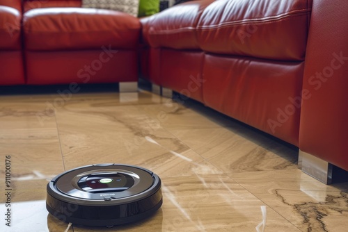 Wireless vacuum cleaner cleaning floor Robot vacuum cleaner is working and cleaning the floor in living room, no people photo