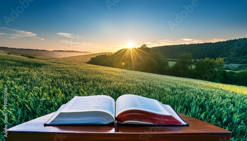 The Old Book Bible, the Word of God Resting Open Wide.  photo