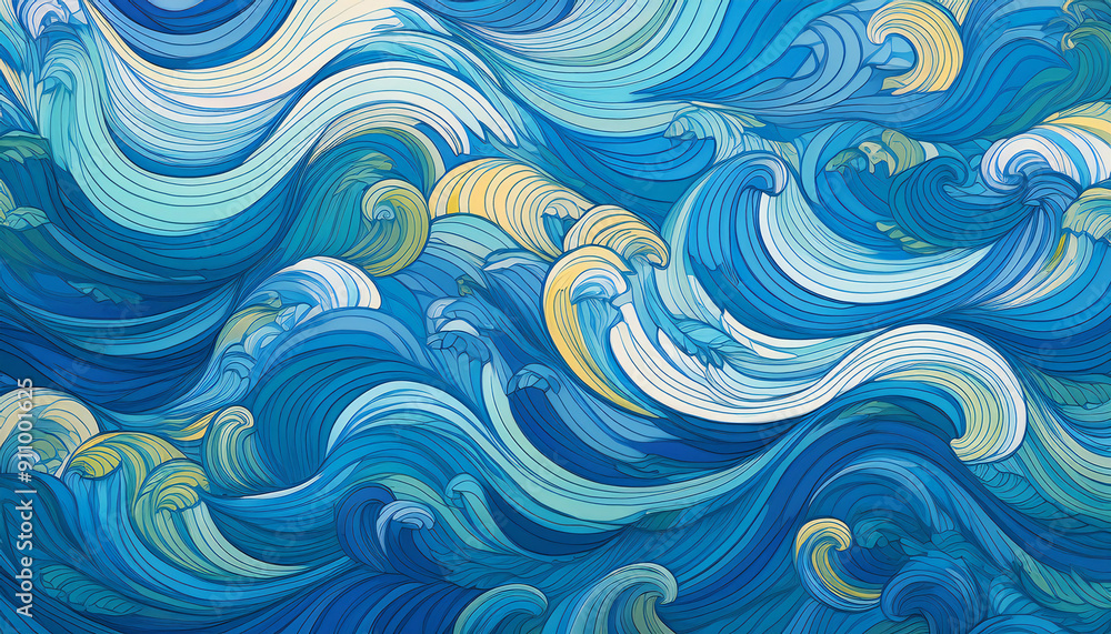 Obraz premium Seamless nautical pattern with stylized waves in different blue colors 