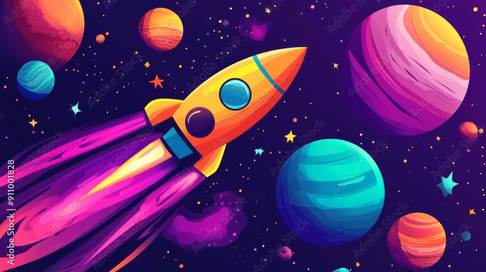 Naklejka premium illustration of cartoon rocket flying among colorful planets and stars in space