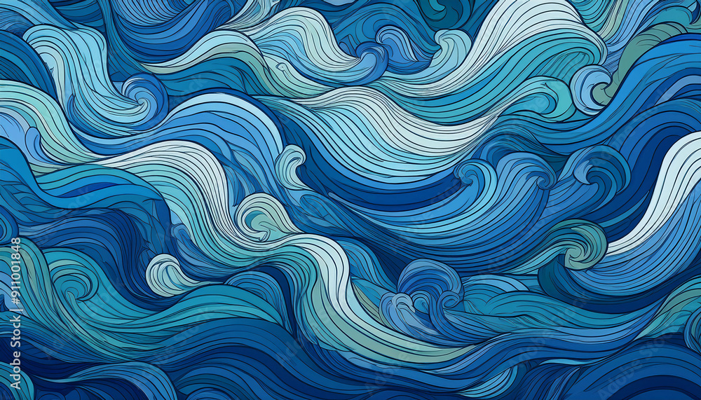 Obraz premium Seamless nautical pattern with stylized waves in different blue colors