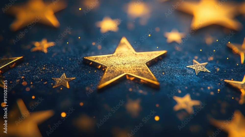 A close-up shot of a shiny gold star sitting on a bright blue surface A close-up shot of a shiny gold star sitting on a bright blue surface
