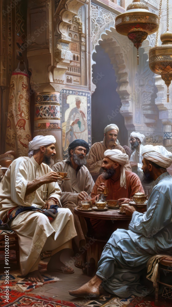 Men enjoy tea while sharing stories in a beautifully decorated traditional setting Men enjoy tea while sharing stories in a beautifully decorated traditional setting