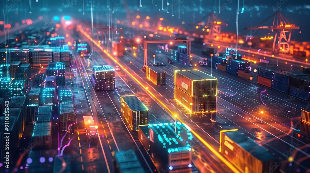 Fototapeta premium Aerial view of a bustling cargo port illuminated by vibrant lights, showcasing container movement and modern logistics technology.