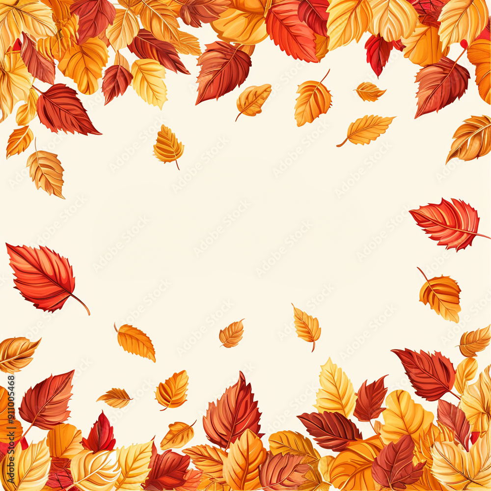 Fototapeta premium Autumn seasonal background with long horizontal border, background of autumn leaves in gold, red and orange colors isolated on background, Hello Autumn vector illustration