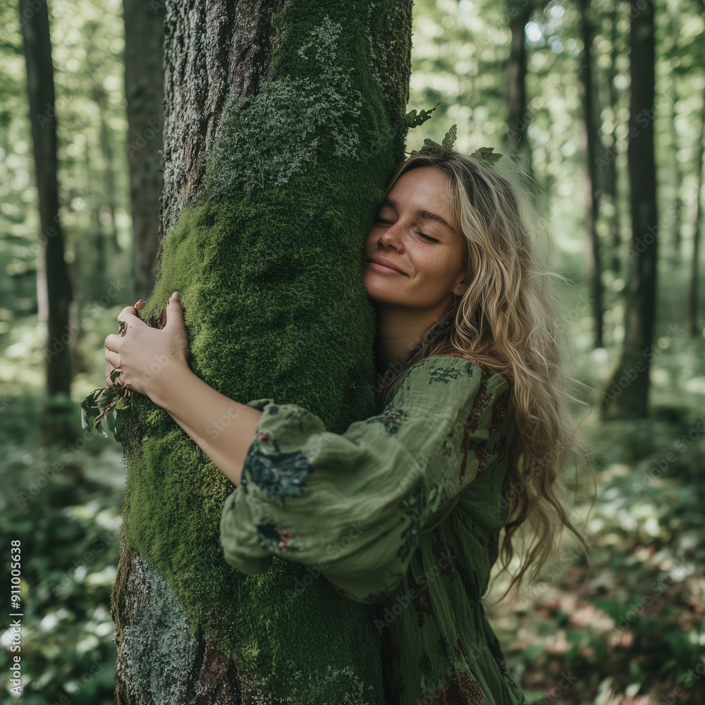 A woman gently embraces a moss-covered tree in a tranquil forest, embodying a deep connection with nature and a sense of peace and mindfulness in the greenery.