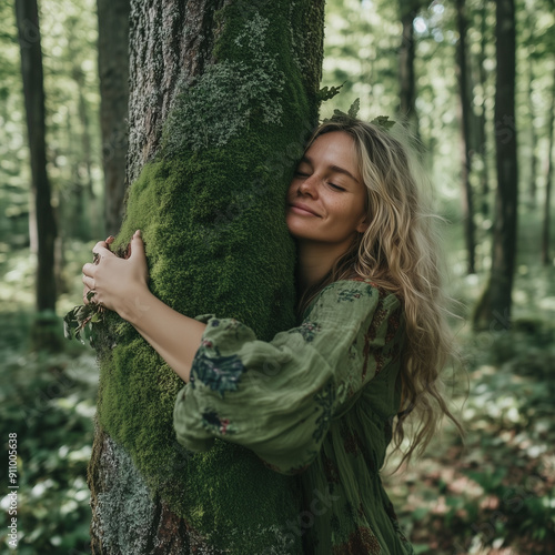 Obraz na płótnie A woman gently embraces a moss-covered tree in a tranquil forest, embodying a deep connection with nature and a sense of peace and mindfulness in the greenery. w salonie