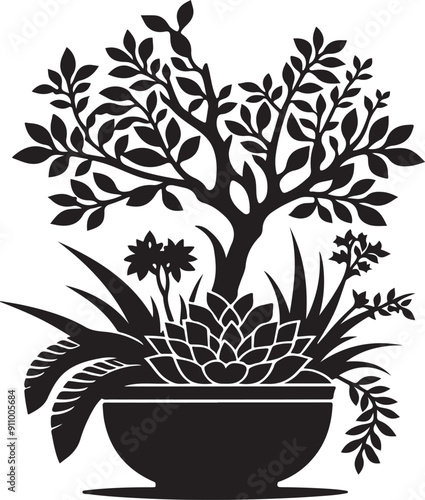 tropical banshee plant in vase black color only silhouette vector art