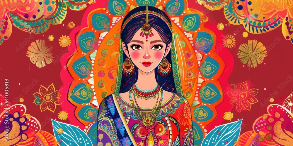 Fototapeta premium Ornate colorful woman portrait with flowers.