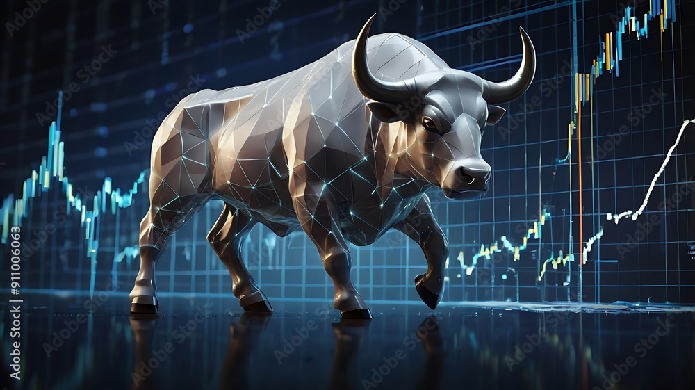Stock market illustration of bull market, growth in net worth of market in a bullish asset market, trading up worth graph, white bull on blue background