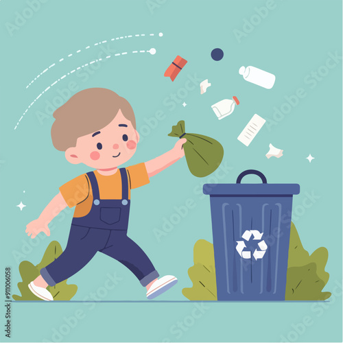 people cleaning nature by collecting garbage into trash bags. Family working together and picking plastic litter. Colored flat vector illustration isolated on white background