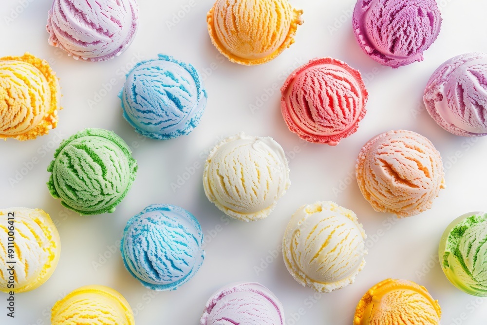 Obraz premium This vibrant image displays an arrangement of colorful ice cream scoops in pink, green, blue, yellow, and cream hues against a white background, showcasing a delightful play of colors.