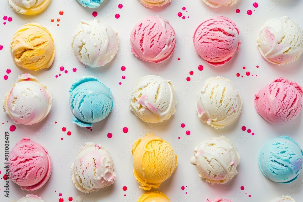 This image features a neatly arranged array of colorful ice cream scoops in pink, blue, yellow, and white placed on a white background, radiating joy and vibrancy. This image features a neatly arranged array of colorful ice cream scoops in pink, blue, yellow, and white placed on a white background, radiating joy and vibrancy.