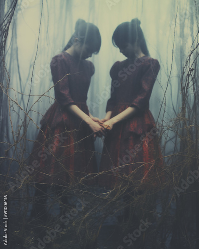 Two twin girls holding hands in a dark forest shrouded in fog