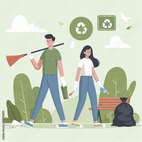 people cleaning nature by collecting garbage into trash bags. Family working together and picking plastic litter. Colored flat vector illustration isolated on white background