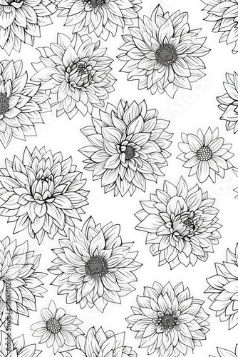 Seamless pattern featuring intricately detailed black and white sunflower illustrations, showcasing elegant floral art for diverse design applications and artistic appeal.