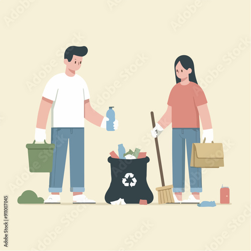 people cleaning nature by collecting garbage into trash bags. Family working together and picking plastic litter. Colored flat vector illustration isolated on white background