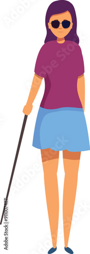 Young blind woman standing with cane wearing sunglasses cartoon character