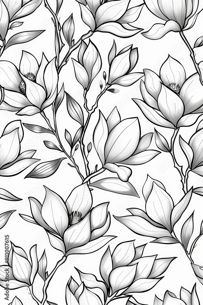 Intricate black and white sketch depicting blooming magnolia flowers with detailed petals and branches, showcasing the simplicity and elegance of natural beauty. Intricate black and white sketch depicting blooming magnolia flowers with detailed petals and branches, showcasing the simplicity and elegance of natural beauty.