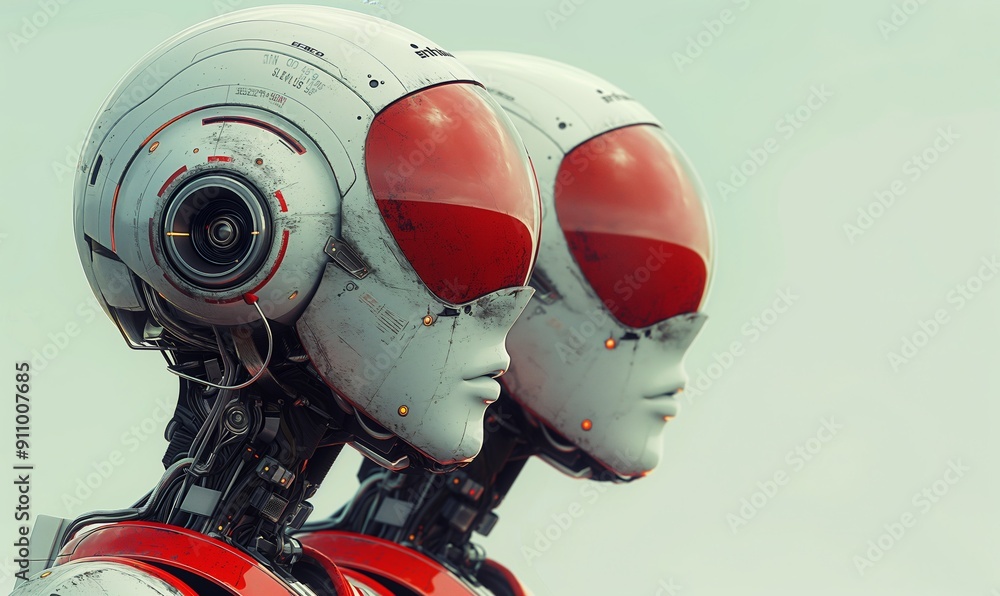 Fototapeta premium Red and White Robot Heads. Generative AI