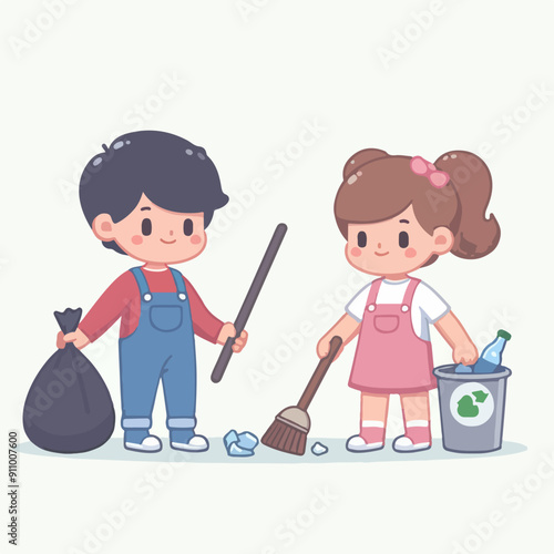 people cleaning nature by collecting garbage into trash bags. Family working together and picking plastic litter. Colored flat vector illustration isolated on white background
