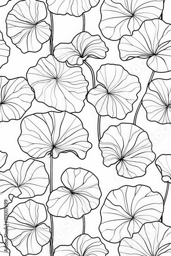Wallpaper Mural Illustration featuring botanical leaves and flowers in a black and white outline style. The simple yet precise lines highlight the natural beauty of these plant elements. Torontodigital.ca