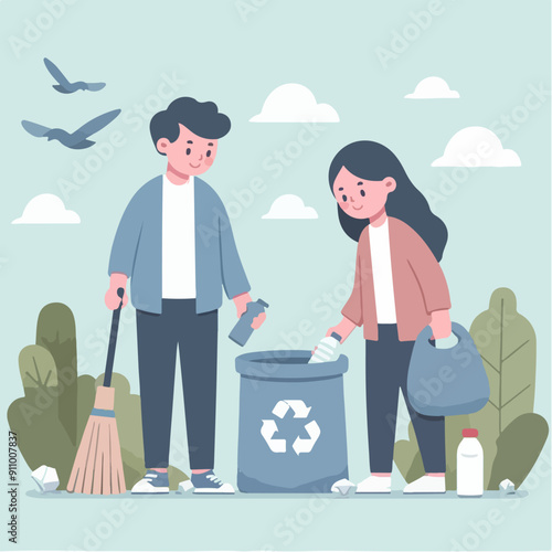 people cleaning nature by collecting garbage into trash bags. Family working together and picking plastic litter. Colored flat vector illustration isolated on white background