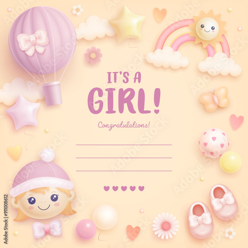 Baby shower vector square greeting card, invitation or web banner with cartoon 3d girl, rainbow, hot air balloon, balloons and flowers on beige background. It's a girl